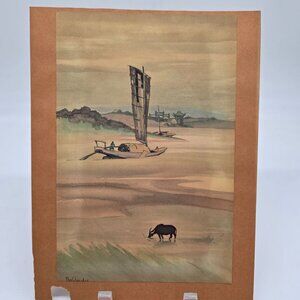 Vintage Cyrus Leroy Baldridge Watercolor Landscape Art Print Boat & Buffalo 1938